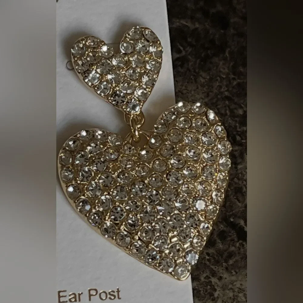 J Crew Women's Gold Plated Heart Earrings Cubic Zirconia Stone Party Prom Dangle